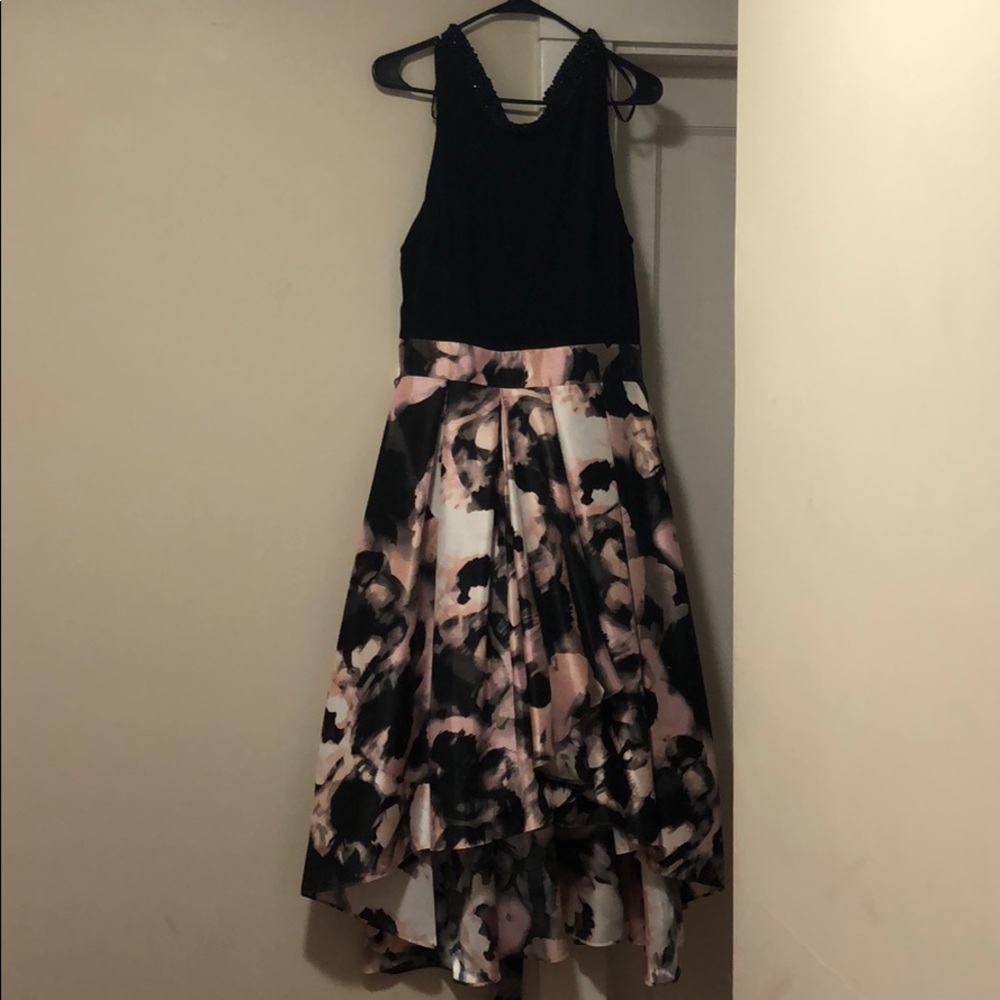 SLNY high low dress with backbow